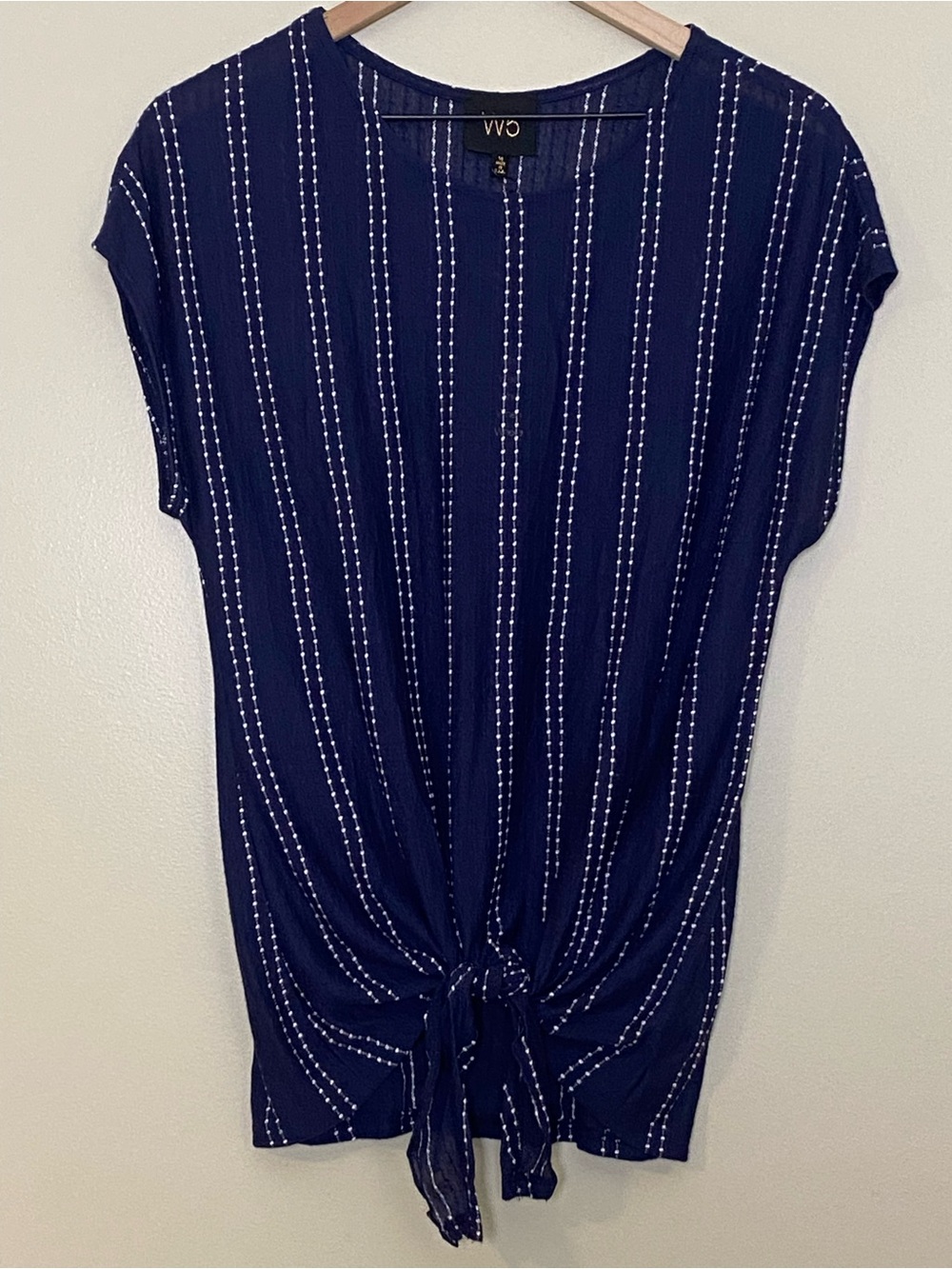 W5 Navy Blue Striped Tie Front Top Medium Nautical Coastal Casual Chic